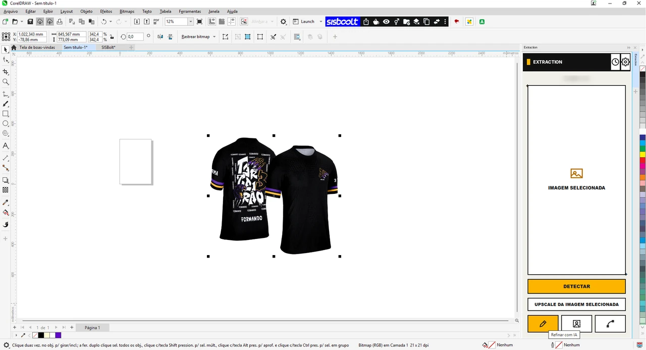 CorelDRAW com o mockup de uma camisa selecionado e o painel do Extraction aberto à direita, com os botões Detectar e Upscale